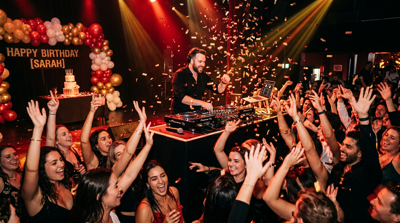 Birthday party celebration with confetti and DJ